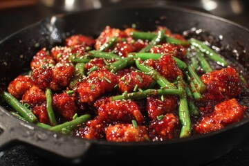 General Tsao Chicken. Delicious Chinese Cuisine with Red Sauce and Green Beans