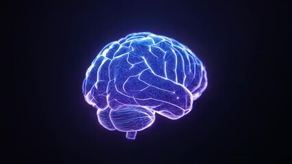 Opening showing digital brain model rotating in void with glowing neural pathways and pulsing nodes - Powered by Adobe
