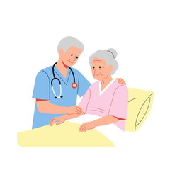 Doctor comforting elderly woman in hospital room setting  