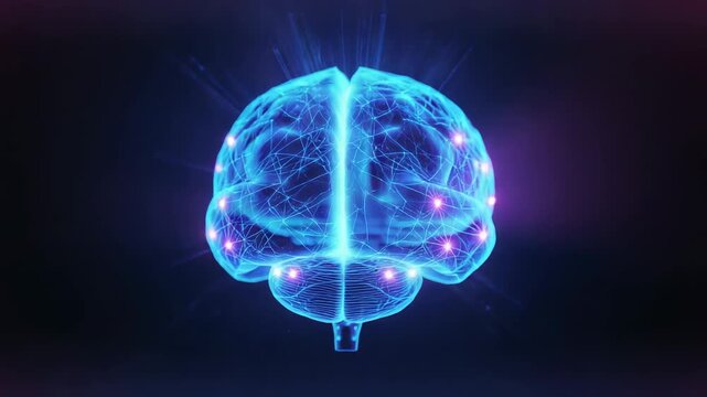Initializing wireframe brain hologram rotating in projection space, simulating neural activity