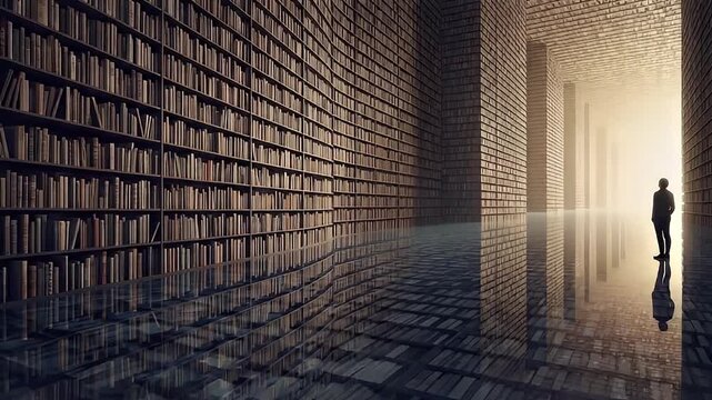 Solitary figure standing in a grand library hall filled with infinite book stacks reflecting on a mirrored floor, gazing towards a distant glowing light symbolizing wisdom and exploration