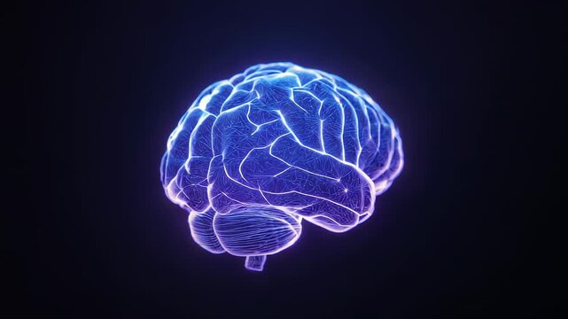 Opening showing digital brain model rotating in void with glowing neural pathways and pulsing nodes - Powered by Adobe