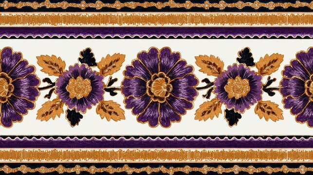 Geometric Florette Design in Purple, Gold, and Brown on White Background with Retro Border