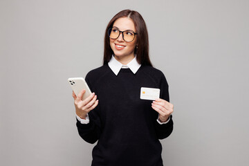 Young minded employee business woman corporate lawyer she wear black sweater shirt work in office...