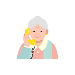 Elderly woman talking on yellow telephone with soft expression  