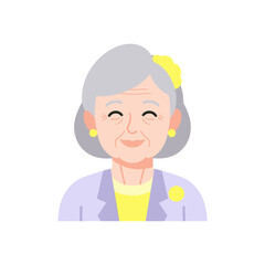 Elderly woman smiling cheerfully with gray hair and yellow accessories  