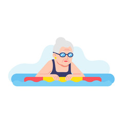 Elderly woman swimming in pool with glasses and relaxed expression  