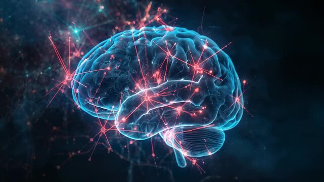 Animating clear 3D brain model rotating in digital space, activating neural nodes and filaments