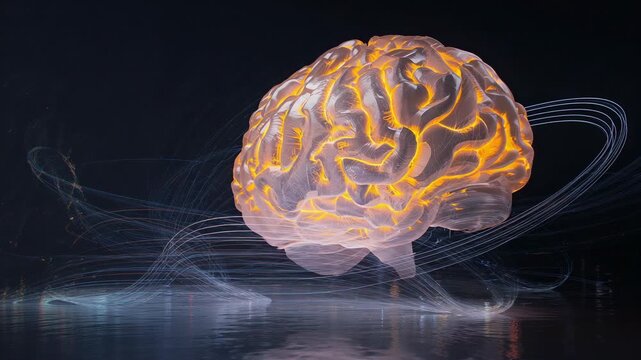Materializing 3D brain rotating above mirror floor, with glowing neural pathways showing data