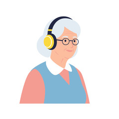 Elderly woman wearing headphones and listening to music at home  