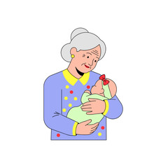 Elderly woman smiling while holding a baby in her arms  