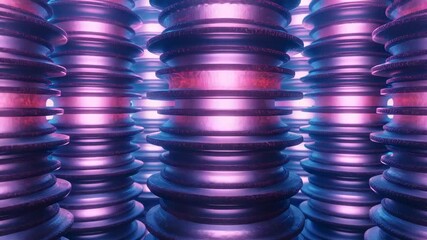 Panning camera revealing three grooved metallic columns rotating in dark room to showcase neon glow - Powered by Adobe
