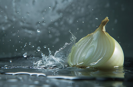 Poł&oacute;wka cebuli wpadająca do wody na ciemnym tle &ndash; dynamiczne ujęcie produktu spożywczego z efektem rozprysku