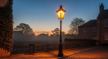 Illuminated gas lamp post glows at twilight over brick cityscape and misty river