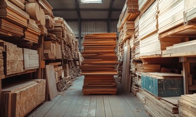 Obraz premium Wood planks and piles for construction material storage in woodworking projects. Plywood, pressboard, and building products for hobbyists, furniture makers, industrial manufacturing, Generative AI