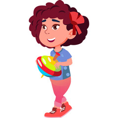 Smiling Young Girl with Curly Brown Hair Wearing a Blue Shirt and Pink Pants Holding a Colorful Spinning Top Toy