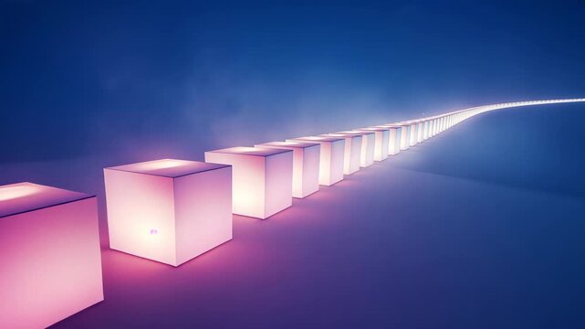 Shifting camera tracking glowing cubes receding on plain surface under blue-purple sky