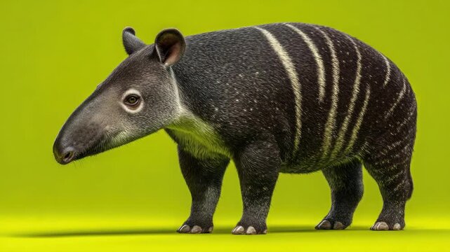 A realistically rendered tapir stands against a bright green backdrop. It has stripes