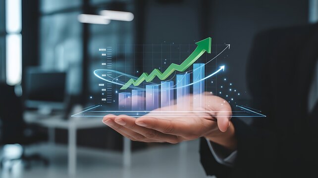 Close up of a person s hand holding a glowing futuristic holographic projection of a rising stock market graph and financial data - Powered by Adobe