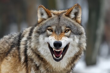 Obraz premium Growling Wolf. Close Up Grin of a Wild Predator in Nature Background