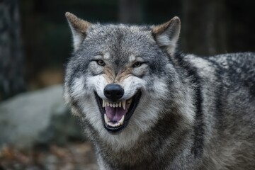 Growling Wolf. Close-Up Portrait of Angry Wolf Showing Its Grin on Grey Background