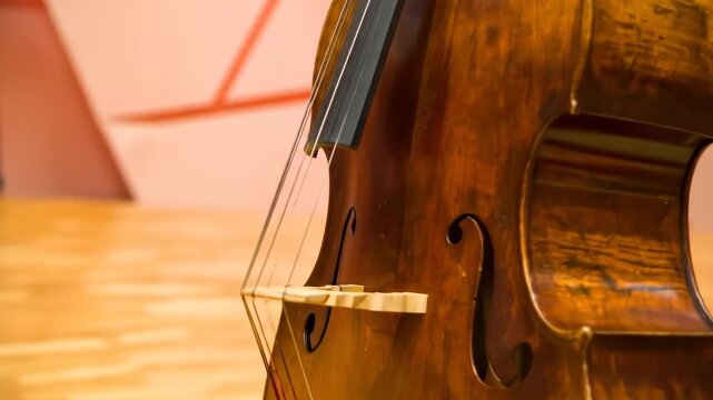 A close-up view of a large, wooden stringed instrument with detailed grain and f-holes