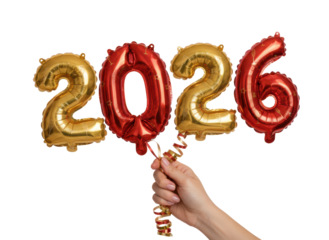 Person hand holding red gold balloon for new year party