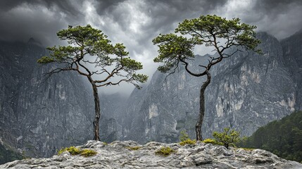 Majestic trees stand proud against a backdrop of dramatic mountains