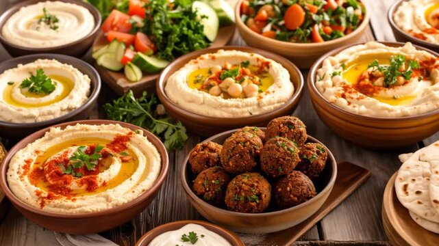 A vibrant, close-up shot of a Middle Eastern meal featuring dips, falafel, salads, and pita on wood