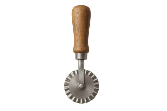 Pasta cutter wheel with wooden handle and metal fluted edge for making homemade ravioli and pastry