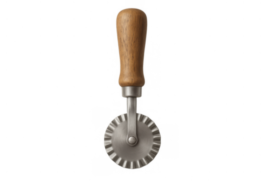 Pasta cutter wheel with wooden handle and metal fluted edge for making homemade ravioli and pastry