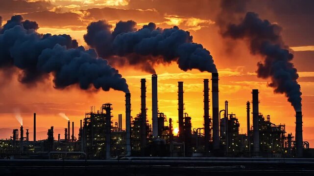 Industrial pollution factory smoke stacks sunset environment climate change global warming emissions power plant energy production industry air quality