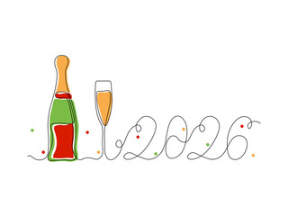 Happy New Year holiday card, champagne and numbers 2026. continuous single one line art hand drawing sketch, logo on white background