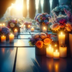 “Candles glowing at cemetery, evening silence, flowers on peaceful graves.”
