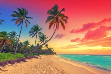 Obraz premium Tropical beach with palm trees sunset sky summer vacation