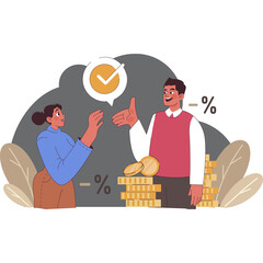Two People Discussing Financial Growth With Stacks Of Coins And A Check Mark Symbol Indicating Success And Profitability