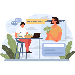 Two people discussing healthy food online with a man at a desk and a woman holding broccoli surrounded by plants and clouds with laptops and chat bubbles nearby.