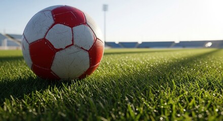Fototapeta premium Soccer ball sits on grass field near stadium seats in bright sunlight