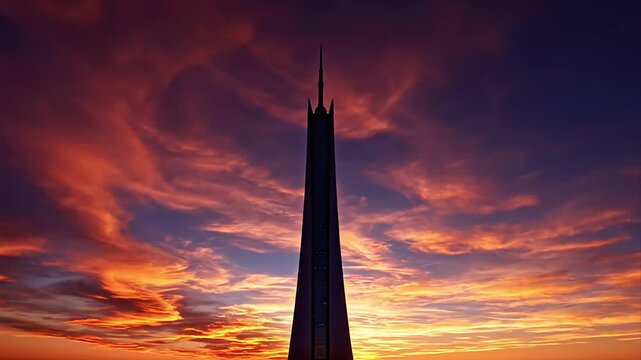 Dramatic Futuristic Skyscraper Silhouette at Sunset Against a Vibrant Sky with Fiery Orange Red and Purple Clouds Modern Urban Architecture