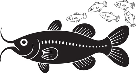 Large barbel fish outline profile view with dotted lines and small shoal vector graphic