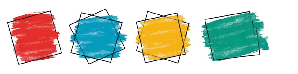 Set of Four Colorful Brush Stroke Squares with Geometric Frames