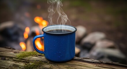 Steaming drink in blue mug sits near campfire on mossy log in woods