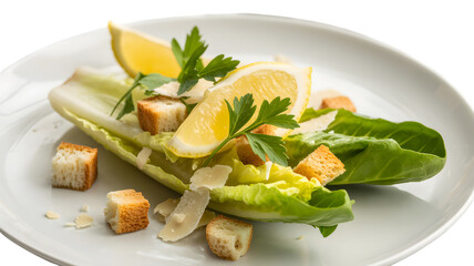 Fresh caesar salad with lemon wedges and croutons on a white ceramic plate on transparent background