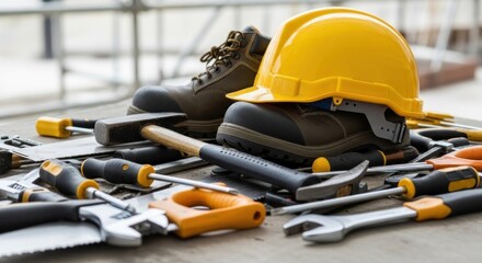 Fototapeta premium Construction tools and protective gear arranged on a surface, work-in-progress, close-up shot