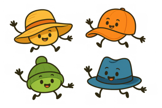 Cartoon hats characters smiling and waving, walking happy with different headwear, cute anthropomorphic design