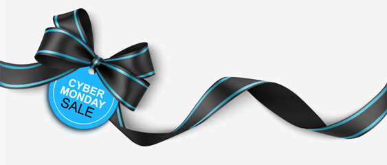 Decorative black bow with blue price tag isolated on white. Cyber monday sale design. Vector stock illustration. Not AI	