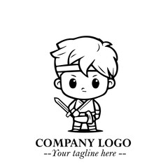 Black and White Chibi Boy Illustration with Jacket and Boots in Bold Thick Line Art Minimal Style
