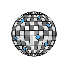 A classic mirrored disco ball with a checkered pattern of grey and white squares and blue reflections.