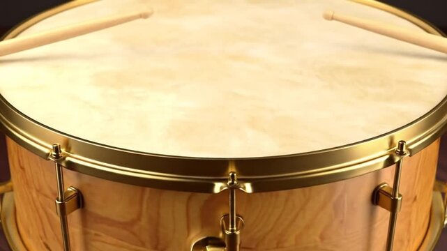 Close-up of a classic, ornate drum on a wooden stand, with sticks ready to play music