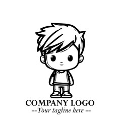 Black and White Chibi Boy Illustration with Jacket and Boots in Bold Thick Line Art Minimal Style
